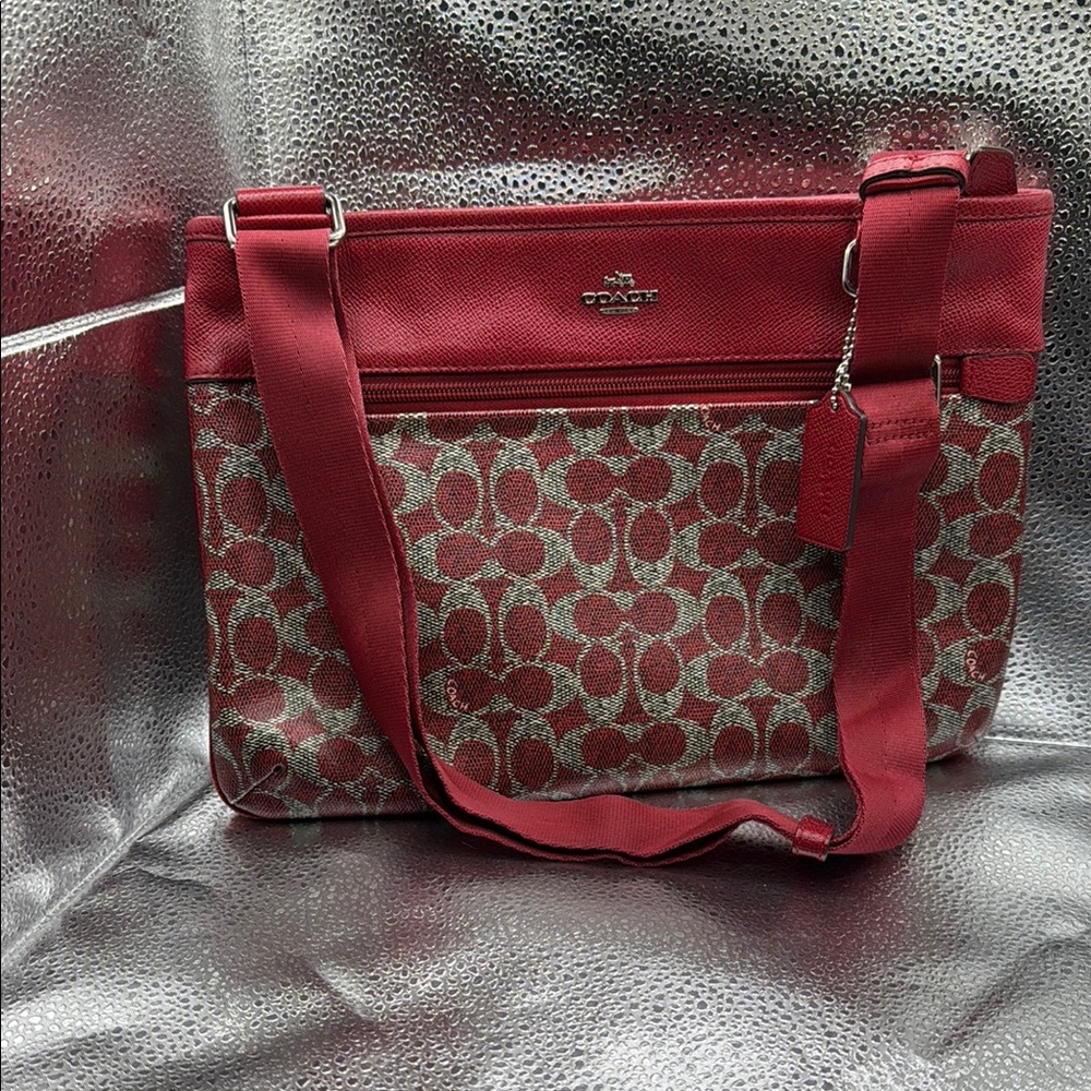 Coach Red and Gray Signature Tote Bag